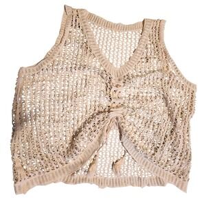 Crochet Knit Open Front Vest Top‎ Sleeveless Beige One Size